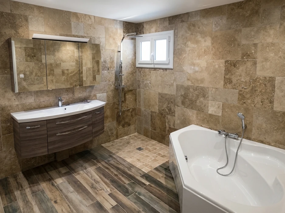 Salle de bain moderne avec carrelage travertin beige-brun en opus romain sur murs et sol