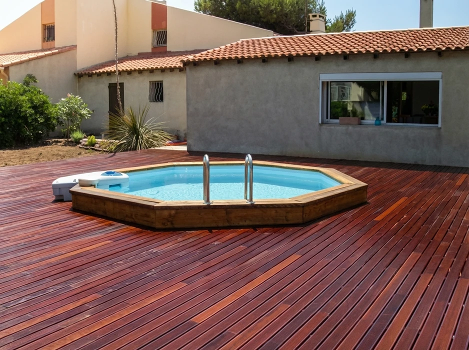 Terrasse extérieure en lames de bois exotique rouge-brun (type ipé), accueillant une piscine hors-sol octogonale à structure en bois traité avec liner bleu ciel