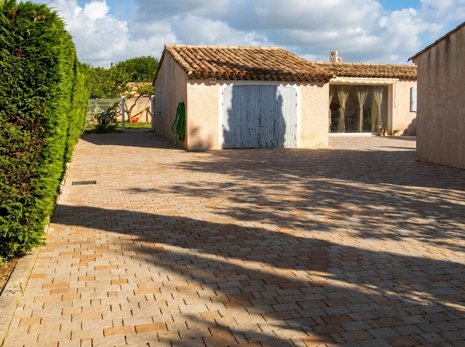 Allée privée pavée en pierre naturelle calcaire, motif en chevrons, desservant un garage double à portes en bois peint blanc, style mas provençal