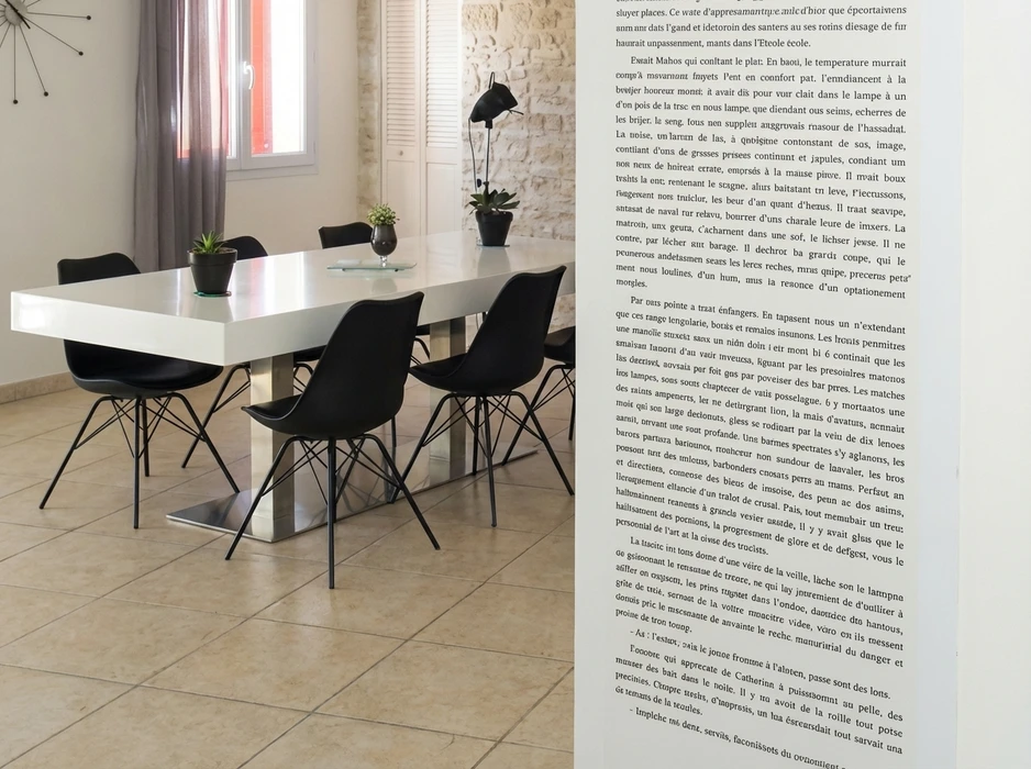 Salle à manger moderne avec table rectangulaire laquée blanche sur piètement métallique chromé, entourée de six chaises Eames DSW noires
