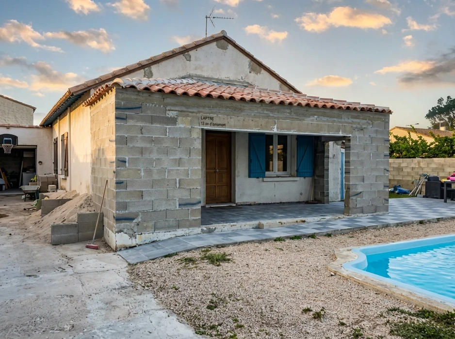 Extension de maison en cours, chantier extérieur résidentiel