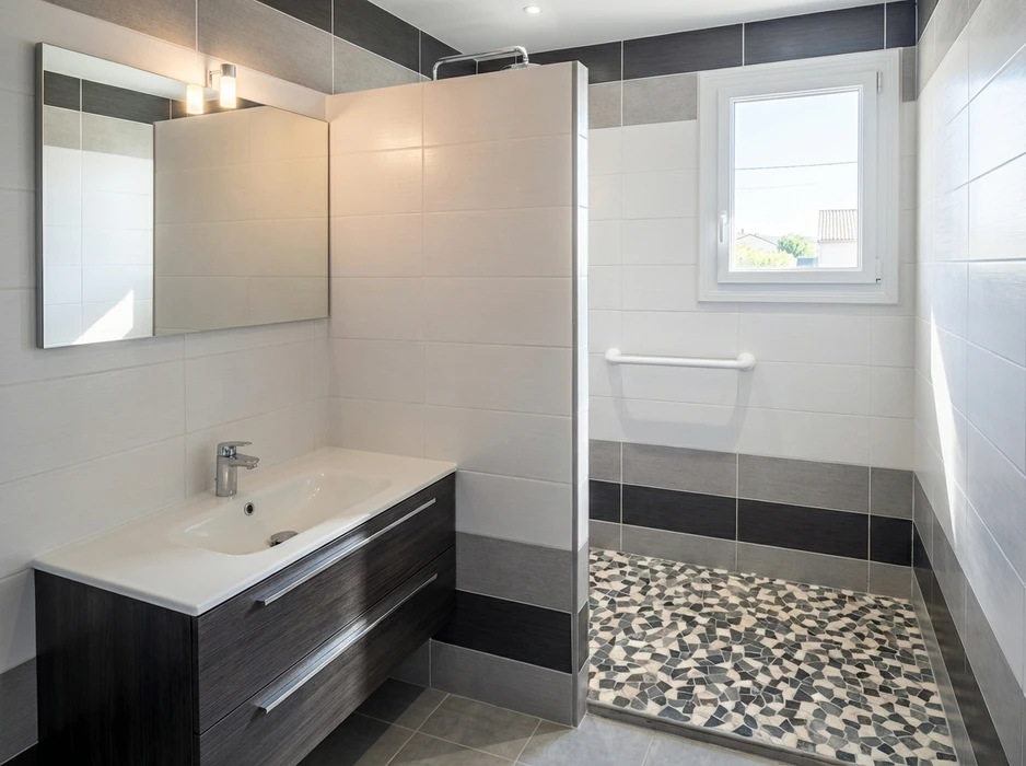 Douche à l'italienne encastrée, carrelage mosaïque travertin beige 5x5cm, frise verticale mosaïque verre brun multiformat