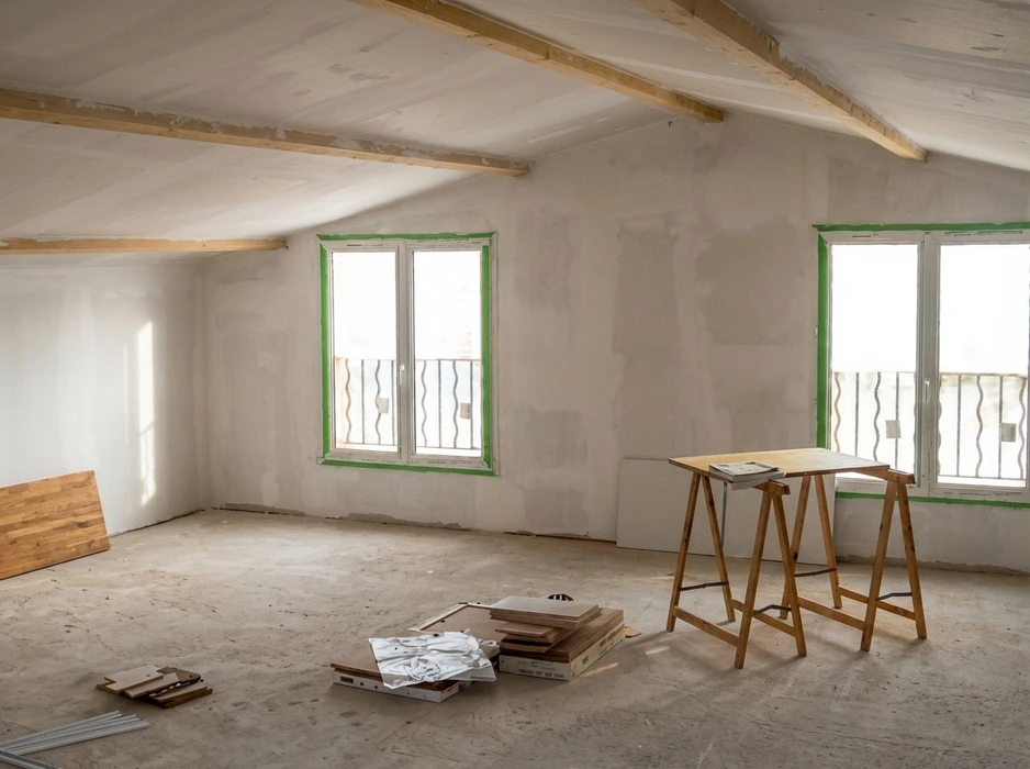 Trois professionnels du bâtiment en réunion de chantier dans un espace en rénovation