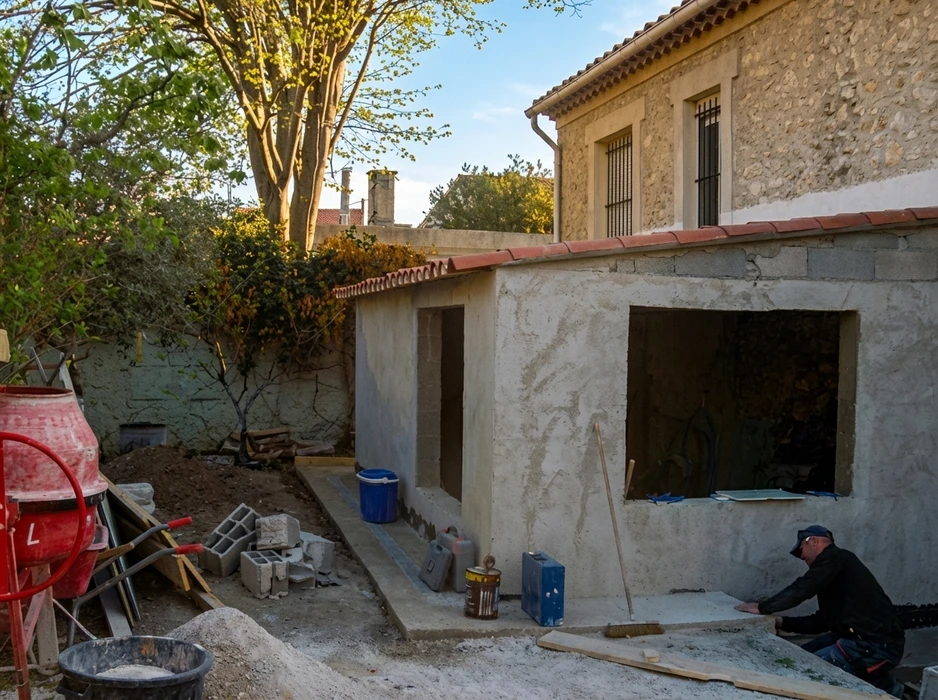 Intérieur de maison en cours de rénovation, pièce à vivre ouverte sur entrée avec porte d'entrée blanche à imposte cintrée