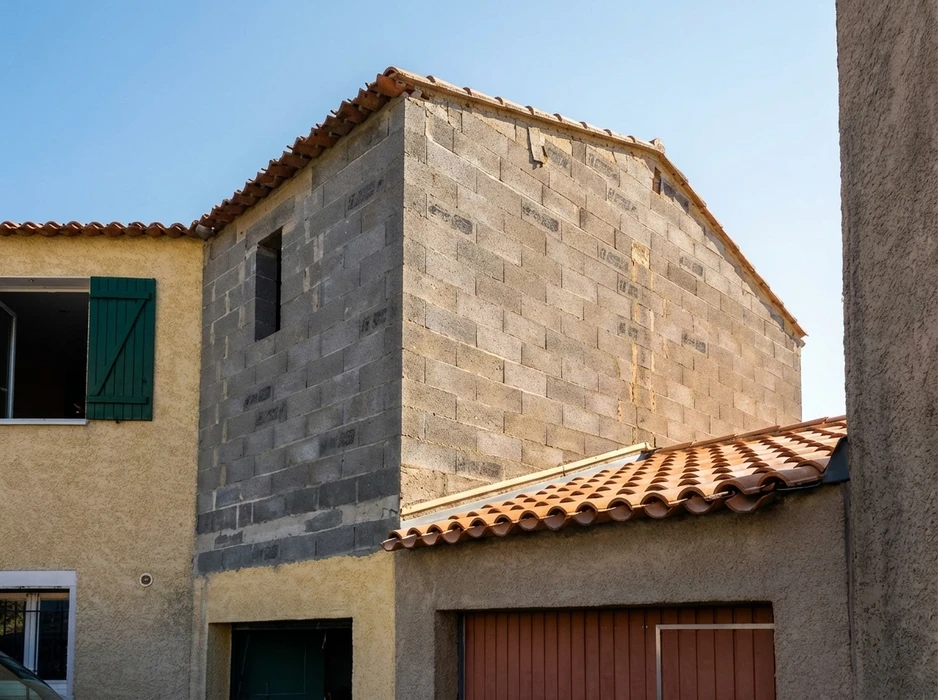 Scène extérieure montrant une maquette architecturale de maison résidentielle avec jardin paysager, entourée de plans d'architecte déroulés, règles de mesure, graphiques statistiques et documents techniques