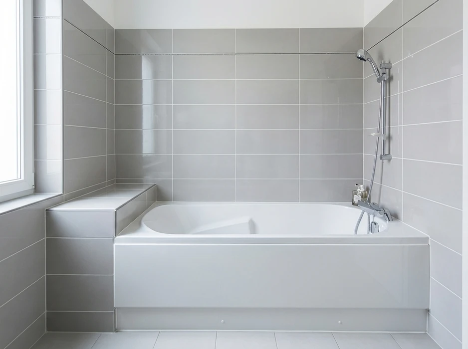 Plombier professionnel installant un système de douche dans une salle de bain carrelée grise