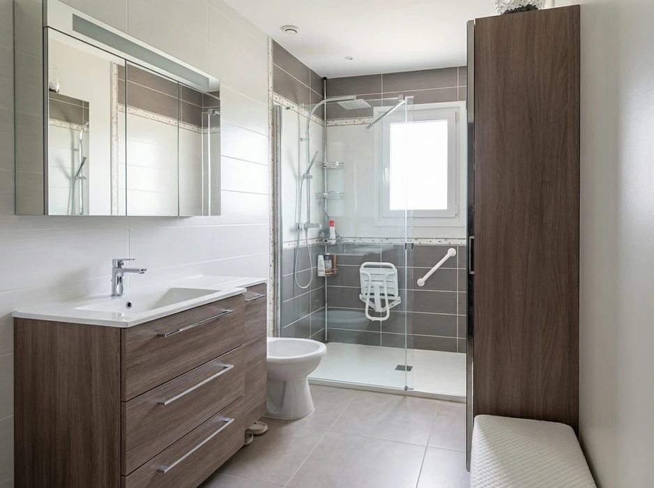 Salle de bain moderne avec douche à l'italienne en verre transparent, parois en carrelage imitation bois