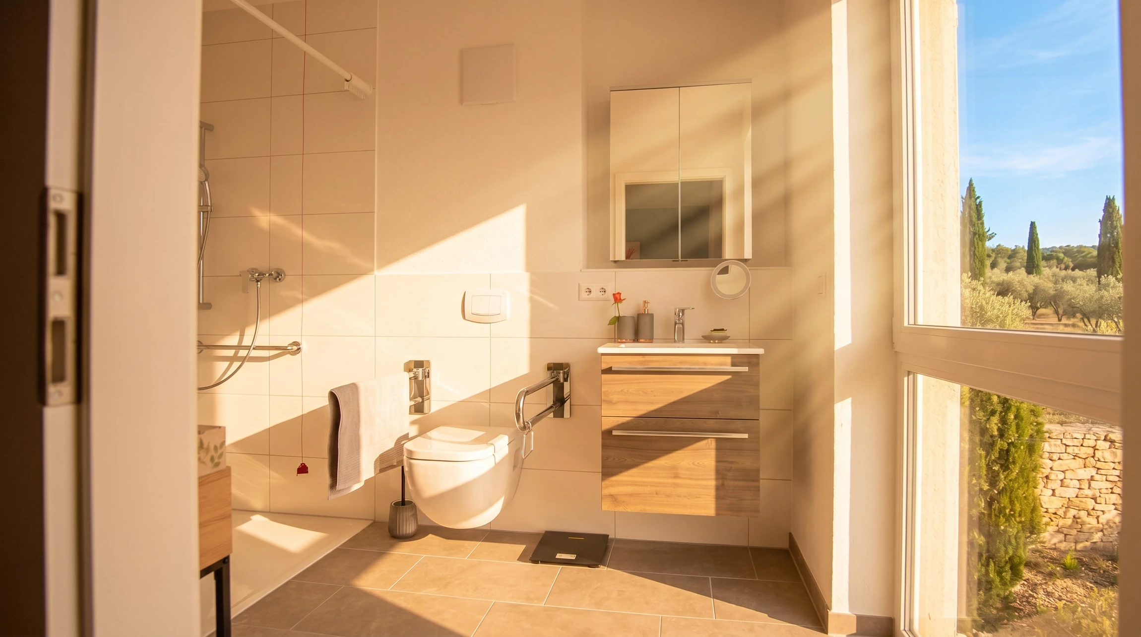 Salle de bain adaptée avec siège de douche ergonomique blanc équipé d'accoudoirs et dossier, barres d'appui murales de sécurité