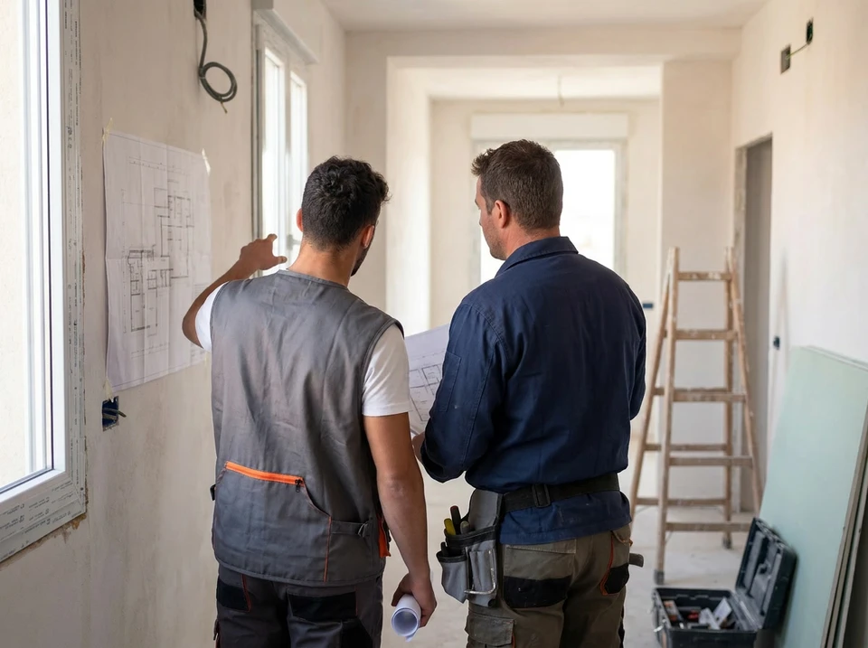 Photographie d'un chantier de rénovation intérieure en cours avec plusieurs artisans et ouvriers visibles simultanément en train de travailler à différentes tâches : un artisan en train de poser du carrelage, un autre peignant un mur, un maçon travaillant sur une cloison, un couvreur en arrière-plan ou un plaquiste installant du placo. Les différents corps de métier sont représentés visuellement par leurs actions et outils respectifs, montrant la pluridisciplinarité et la coordination de l'équipe. La scène doit être professionnelle, claire et montrer l'harmonie du travail d'équipe sur un chantier de rénovation.